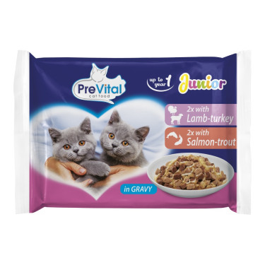 Prevital Junior mačja hrana, jagnjetina, puran, losos in postrv, vrečka 100 g (4 kosi)