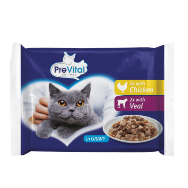 Vrečka mačje hrane PreVital s piščancem in teletino v omaki, 100 g vrečka (4 pakiranja)