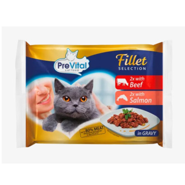 PreVital Fillet Selection mačja hrana z govedino in lososom, vrečka 85 g (4 pakiranja)