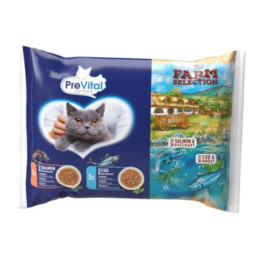 Vrečka mačje hrane Prevital Farm Selection z lososom in trsko v omaki, vrečka 85 g (4 pakiranja)