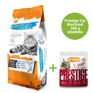 Granule za mačke Diamant Cat Micio govedina in piščanec 2 kg + Prestige Cat sterilizirana govedina Manzo 300 g GRATIS