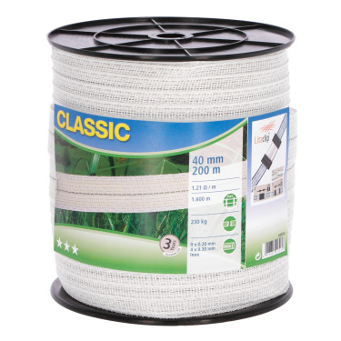 Ogradni trak Classic 200 m, 40 mm, bel, 9×0,2 + 4×0,3 Niro
