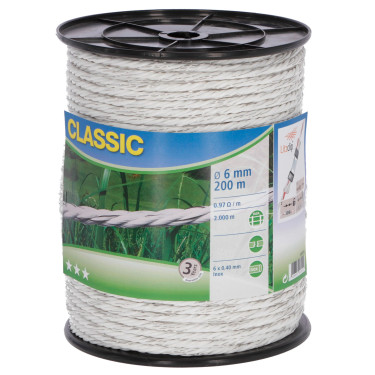 Ograjno lano Classic 200 m, Ø 6 mm, belo, 6 × 0,40 Niro